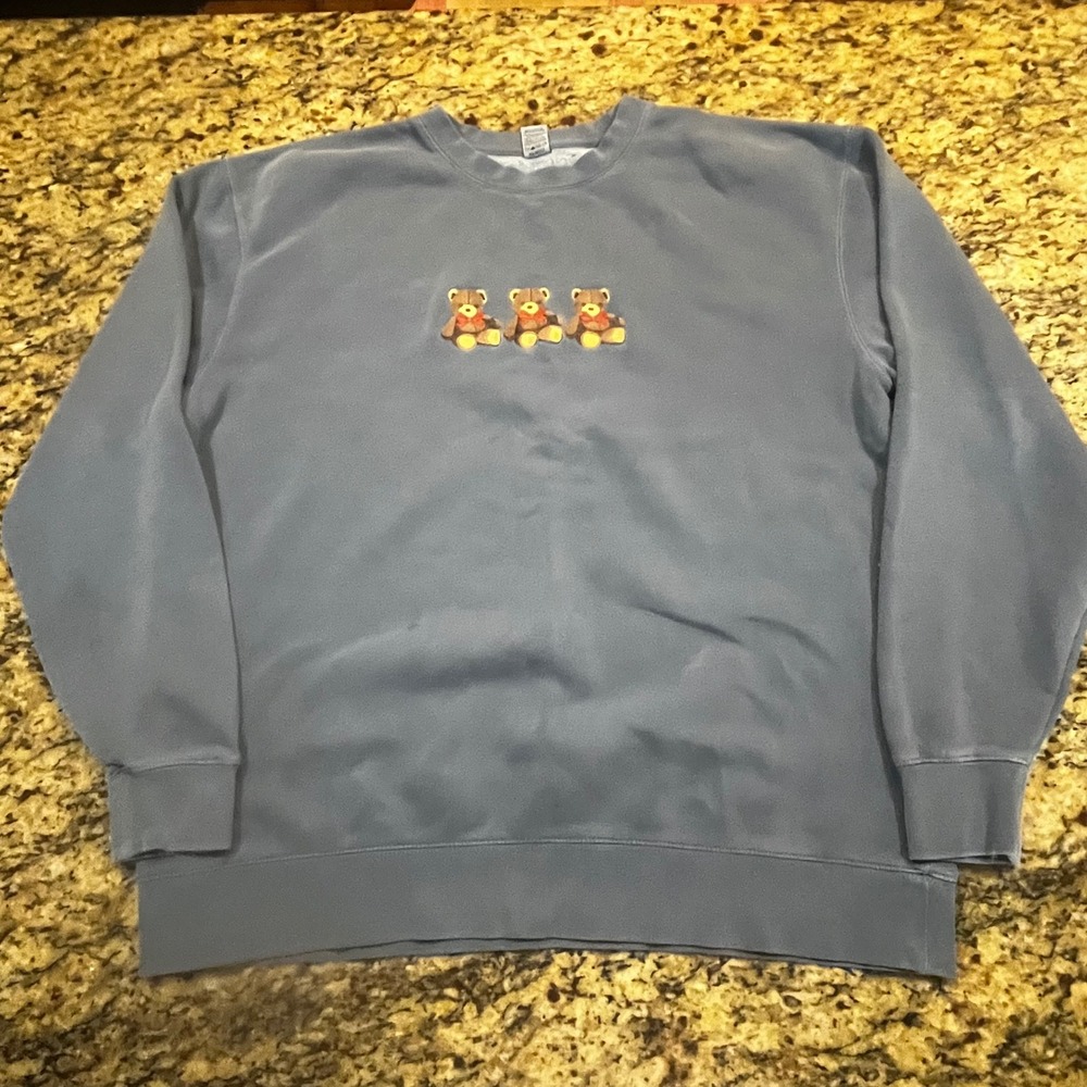 Teddy‎ Bear Embroidered Sweatshirt Women XL Blue Garment Dye